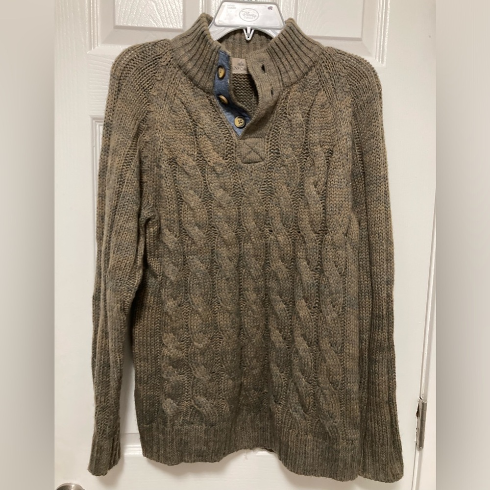 *Rainforest Khaki Green Mock Neck Cable Knit Wool Blend Small Henley Sweater #PW